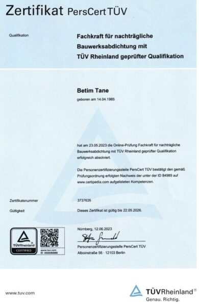 Fachkraft für nachträgliche bauwerksabdichtung